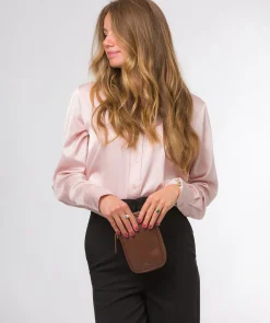 Alaina' Dark Tan Nappa Leather Cross Body Phone Bag