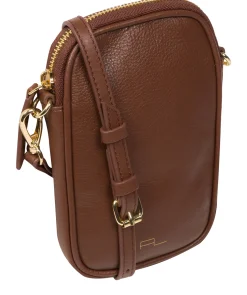 Alaina' Dark Tan Nappa Leather Cross Body Phone Bag
