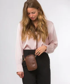 Alaina' Dark Tan Nappa Leather Cross Body Phone Bag