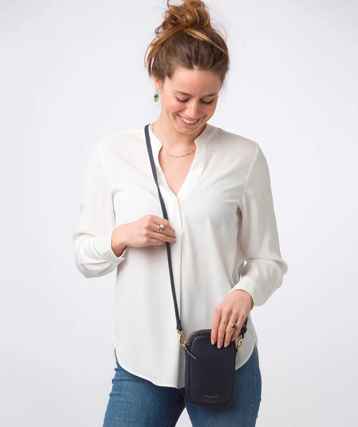 Alaina' Navy Nappa Leather Cross Body Phone Bag
