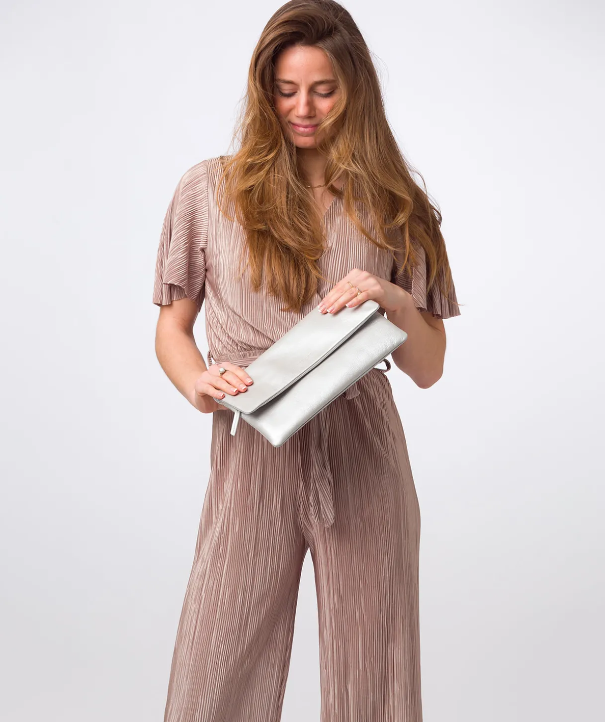 Amelia' Metallic Silver Leather Clutch Bag