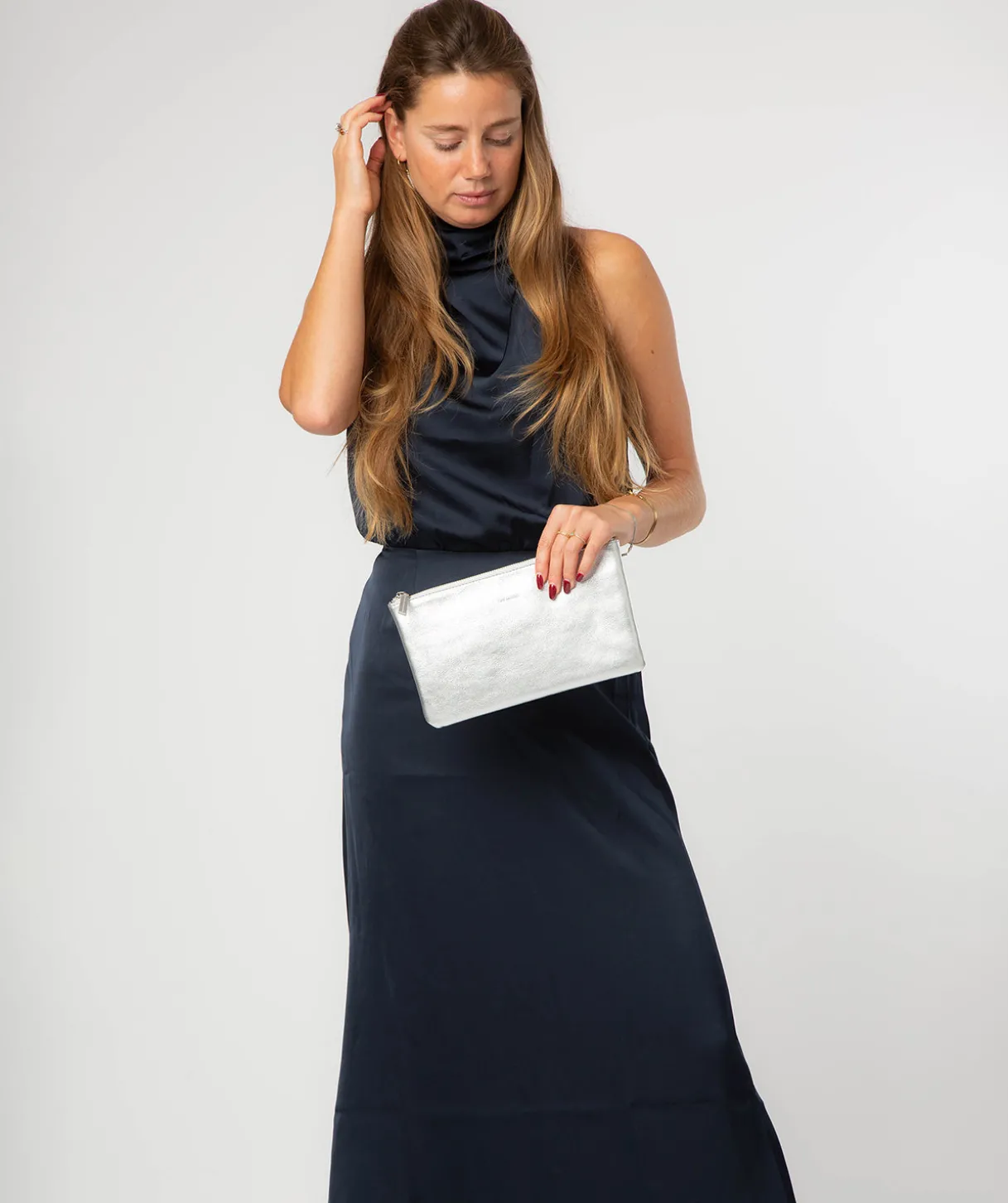 Emalia' Metallic Silver Leather Clutch Bag