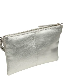 Estelle' Metallic Silver Leather Clutch and Cross Body Bag