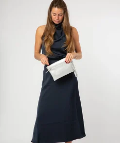 Estelle' Metallic Silver Leather Clutch and Cross Body Bag