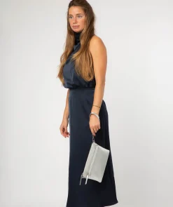 Estelle' Metallic Silver Leather Clutch and Cross Body Bag