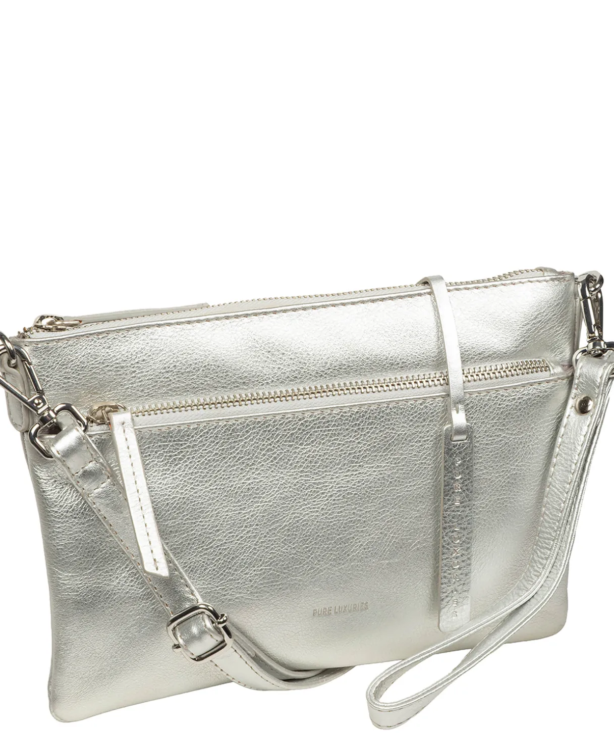 Estelle' Metallic Silver Leather Clutch and Cross Body Bag