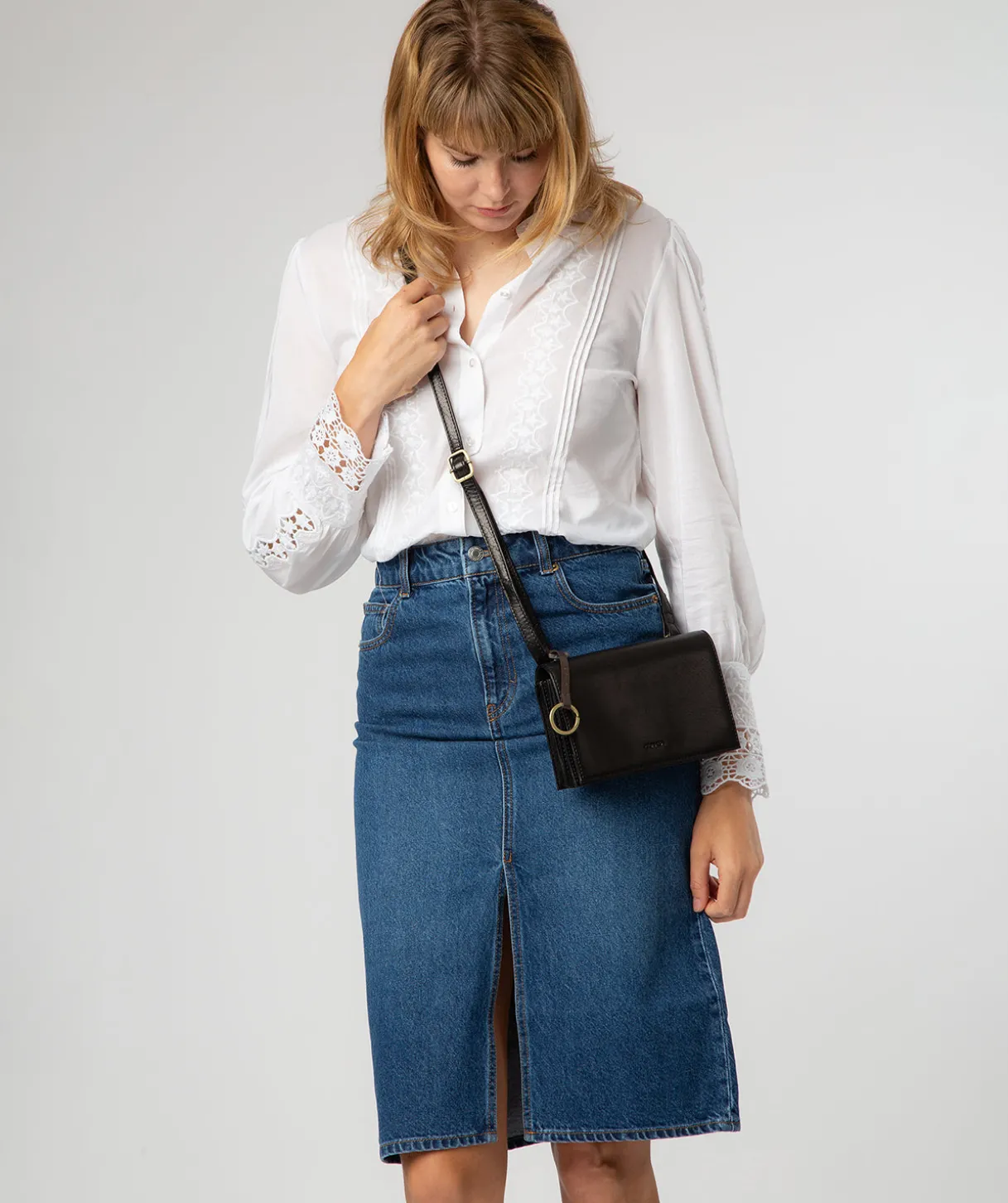 Fleur' Black Leather Cross Body Bag