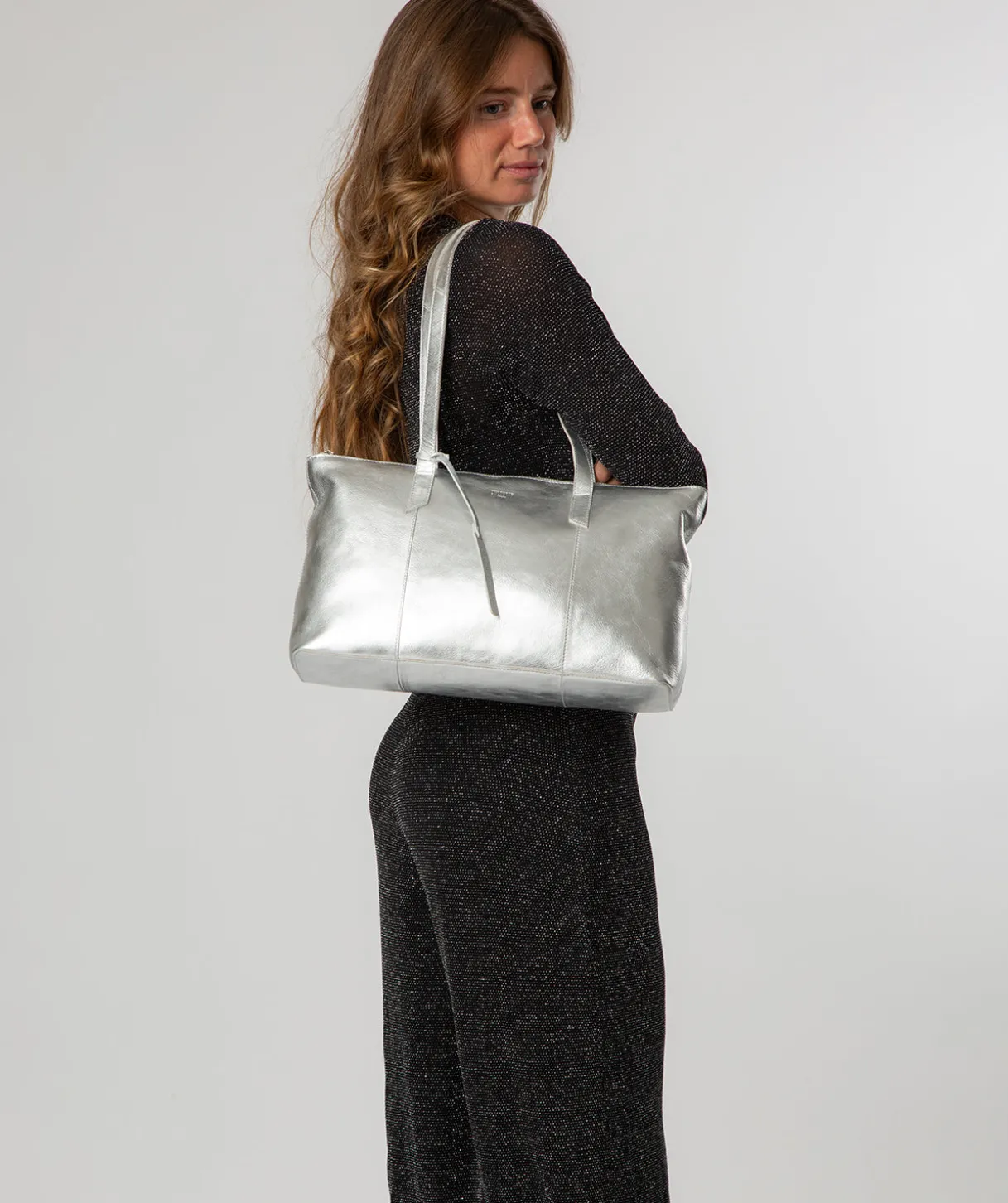 Marlowe' Metallic Silver Leather Tote Bag