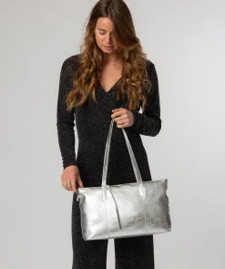 Marlowe' Metallic Silver Leather Tote Bag