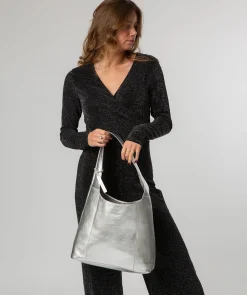 Nina' Metallic Silver Leather Shoulder Bag