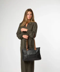Solange' Black & Rich Tan Leather Tote Bag